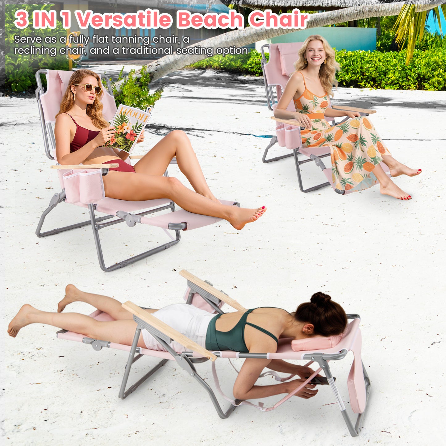 3-IN-1 Foldable Beach Chair Lay-Flat Tanning Chair with Face Hole-Beige