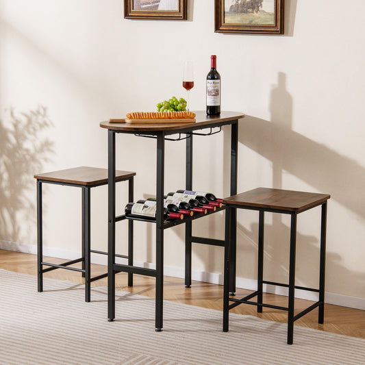 3 Piece Counter Height Table Set Oval Dining Table and 2 Stools-Rustic Brown