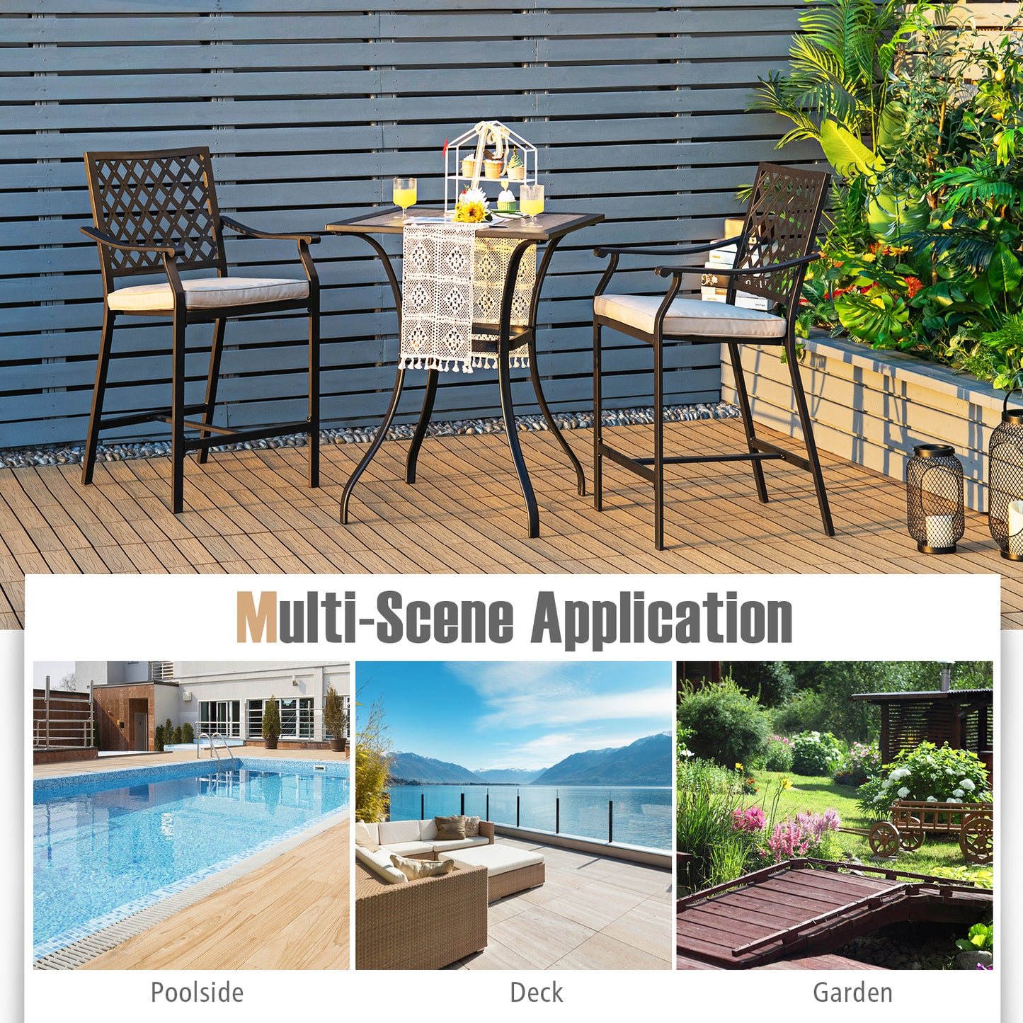 3 Pieces Patio Bar Set with High-Density Seat Cushions