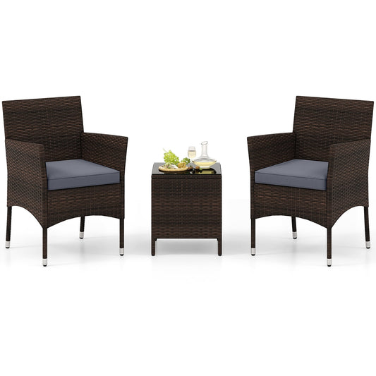 3 Pieces Patio Rattan Furniture Set with Soft Cushions and Glass Top Table-Grey