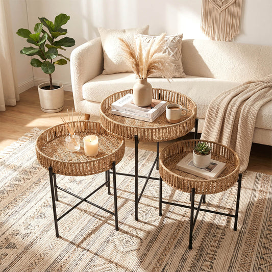 Set of 3 Round Nesting Side Tables Weaving End Tables with Metal Legs-Natural