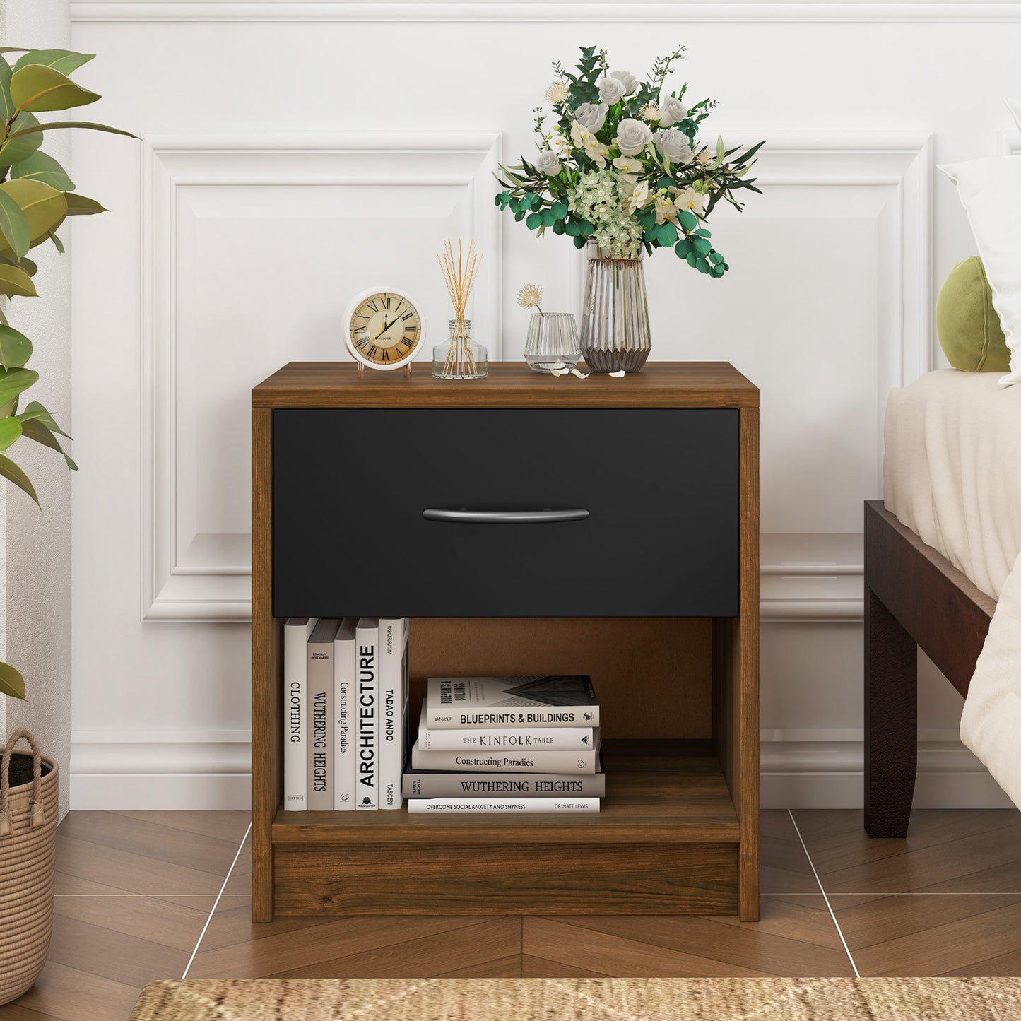 3-Tier Nightstand with Drawer and Open Storage Shelf for Small Spaces-Black & Brown