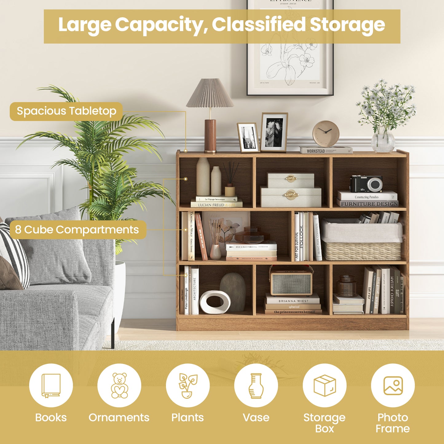 3-Tier Wooden Cube Bookcase with 8 Compartments-Natural