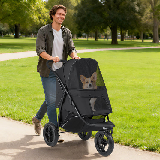 3-Wheel Pet Stroller for Small and Medium Dogs with All-Terrain Wheels-Black