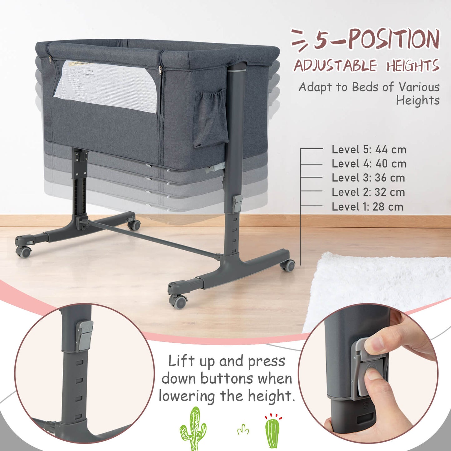 3-in-1 Adjustable Baby Bedside Bassinet with Mattress-Grey