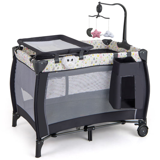 3 in 1 Baby Activity Center Foldable Pack and Play with Diaper Changing Table-Black