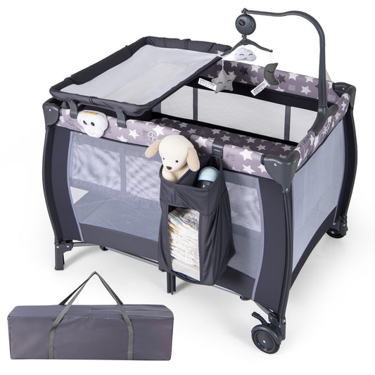3 in 1 Baby Activity Center Foldable Pack and Play with Diaper Changing Table-Grey
