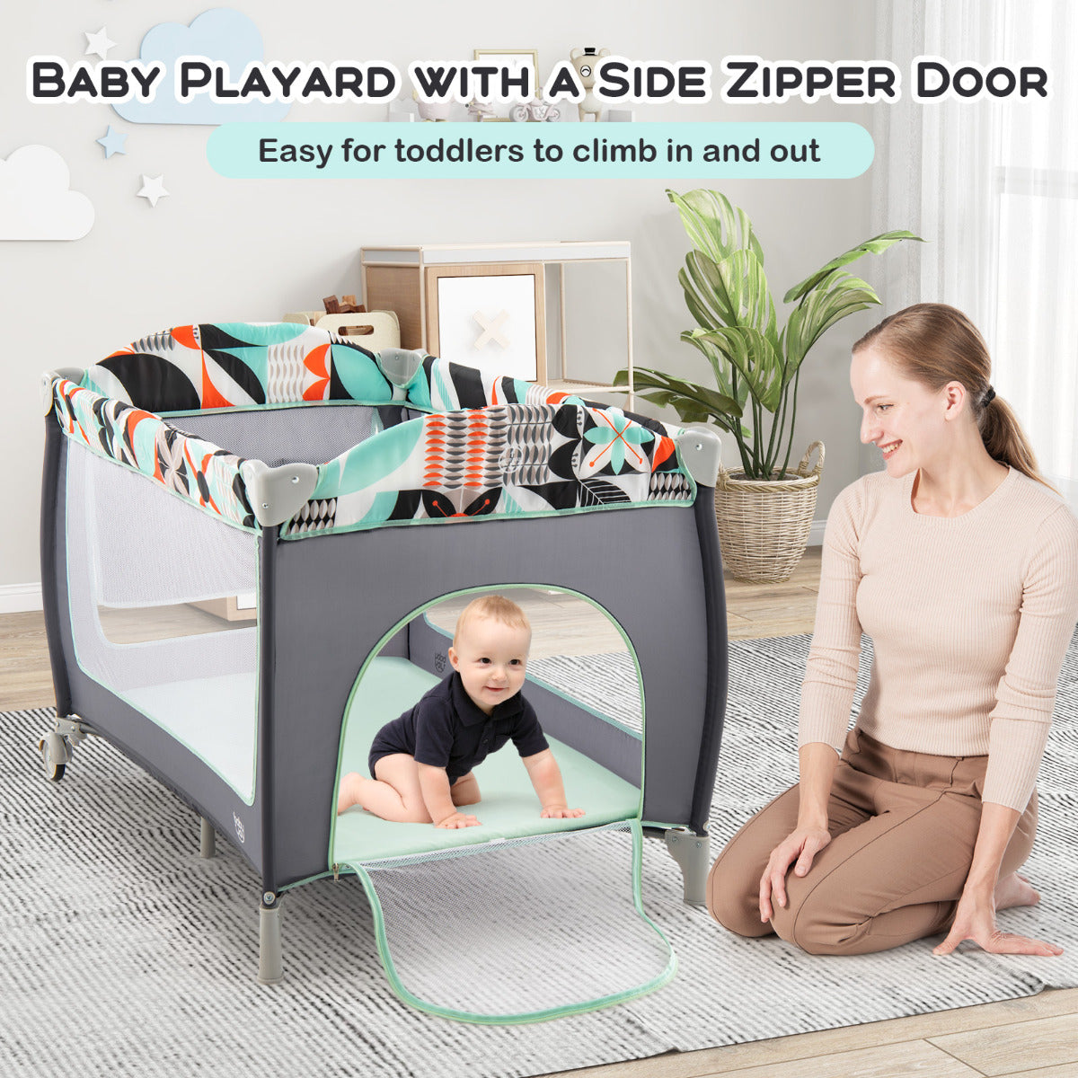 3 in 1 Baby Playard Portable Infant Nursery Center with Toy Bar-Blue