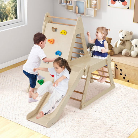 3-In-1 Jungle Gym with Extended Slide and Rock Climbing-Natural