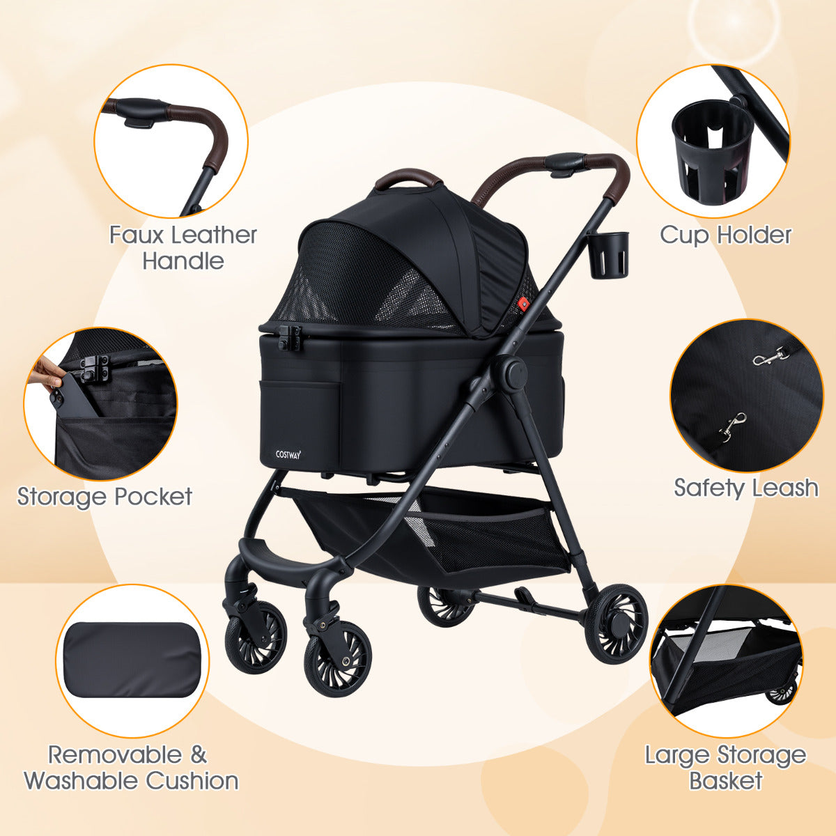 3-in-1 Pet Stroller One-hand Folding Dog Stroller Car Seat-Black