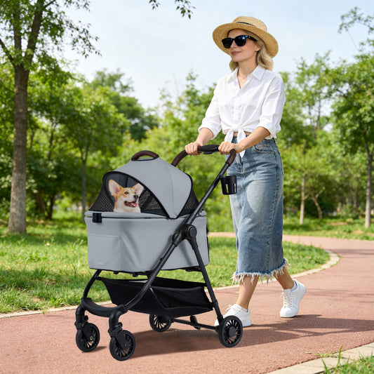 3-in-1 Pet Stroller One-hand Folding Dog Stroller Car Seat-Grey