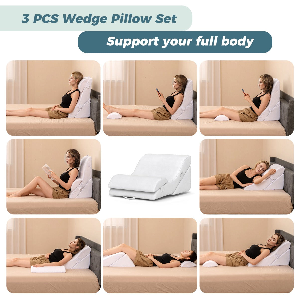 3 PCS Bed Wedge Pillow Set with Machine-washable Cover for Snoring-White