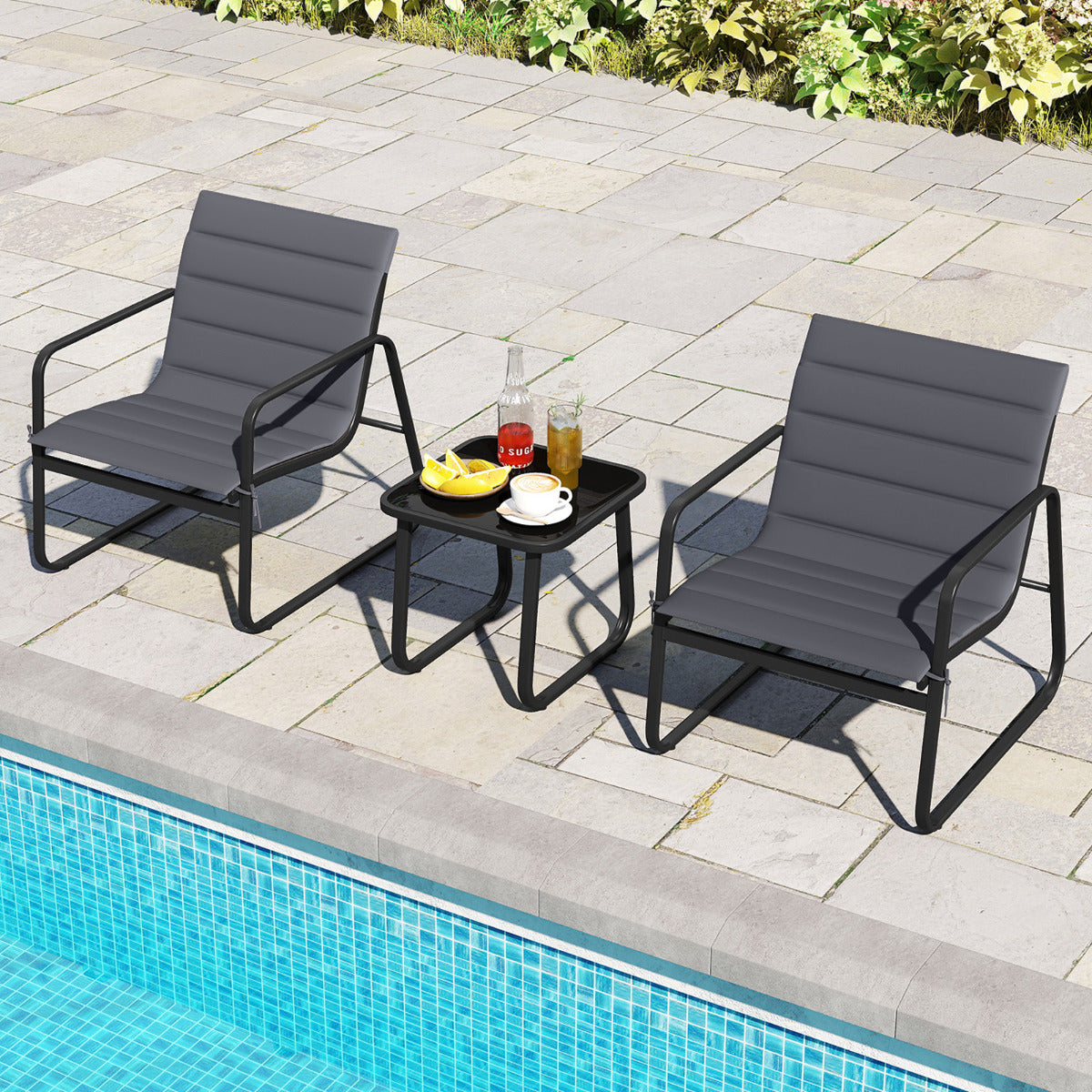 3 Piece Patio Bistro Set with Removable Cushions and Tempered Glass Tabletop-Grey