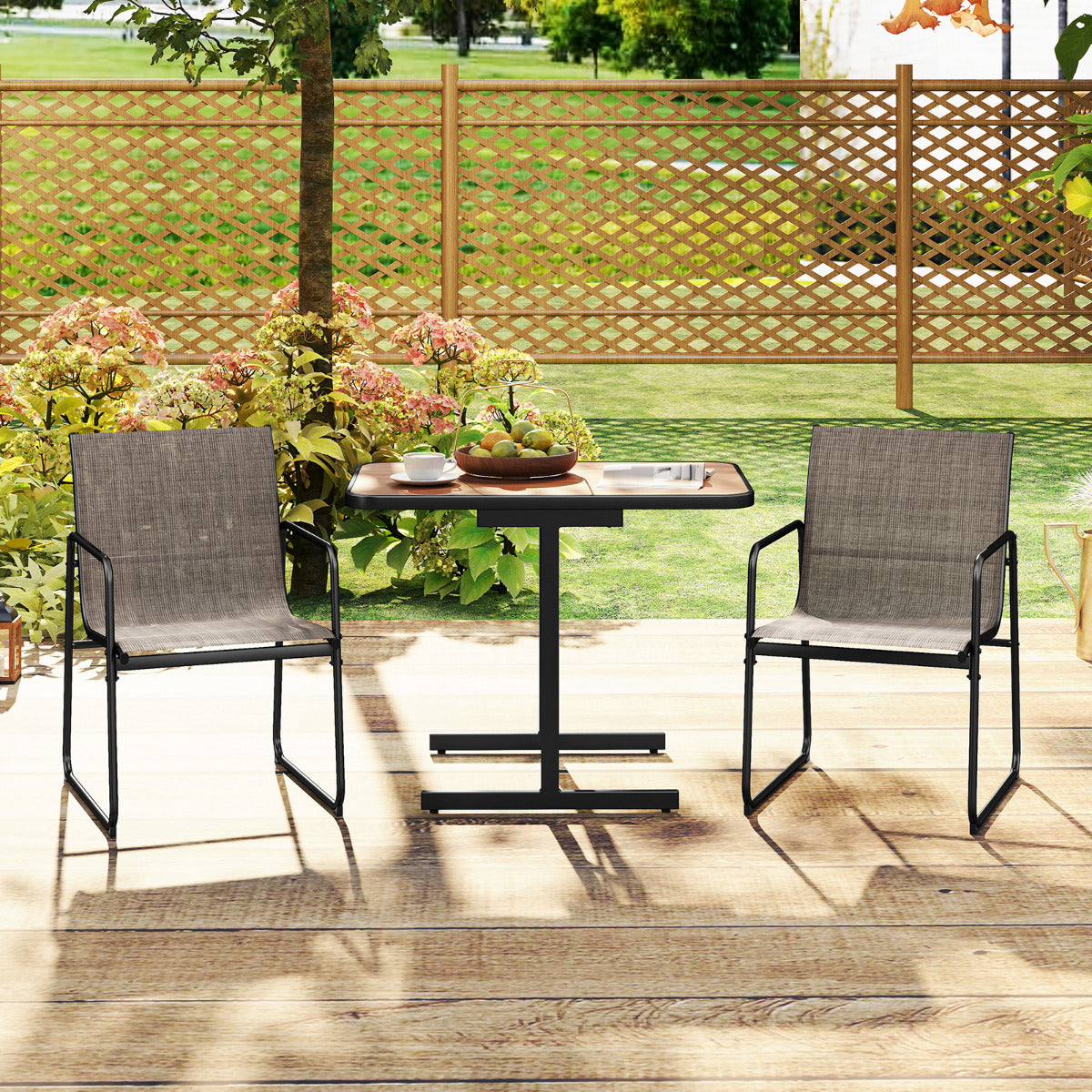 3-Piece Patio Bistro Set with Rectangle Dining Table and Fabric Armchairs-Brown