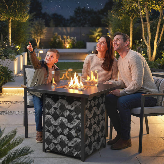 Outsunny Square Propane Gas Fire Pit Table,12 KW Firepit Outdoor Patio Heater with Glass Wind Guard, Lava Rocks, Gas Tank Holder