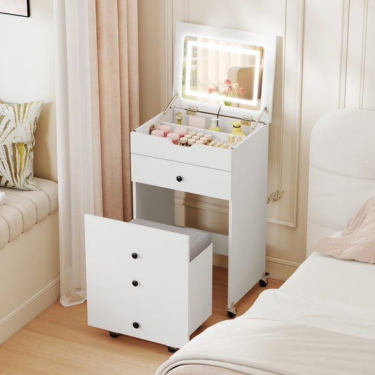 3-in-1 Small Vanity Desk Set with Flip-top Mirror and Lights-White