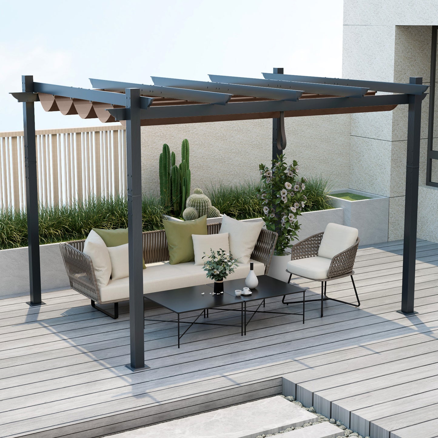 2.9 x 3.6 m Outdoor Retractable Pergola with Canopy Cover-Coffee