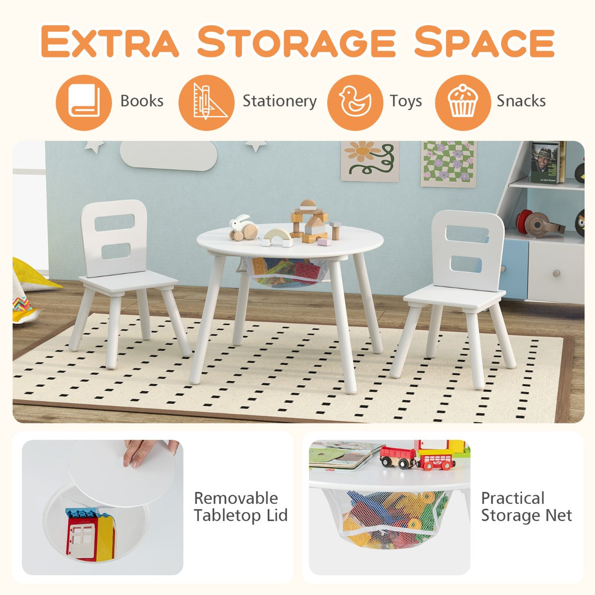 3pcs Wooden Kid's Activity Table Set with Mesh Storage-White