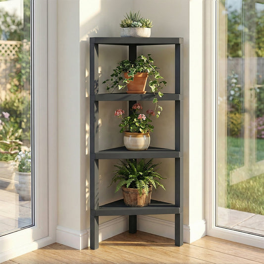 4-Tier Corner Shelf Stand with Open Slatted Shelves-Black