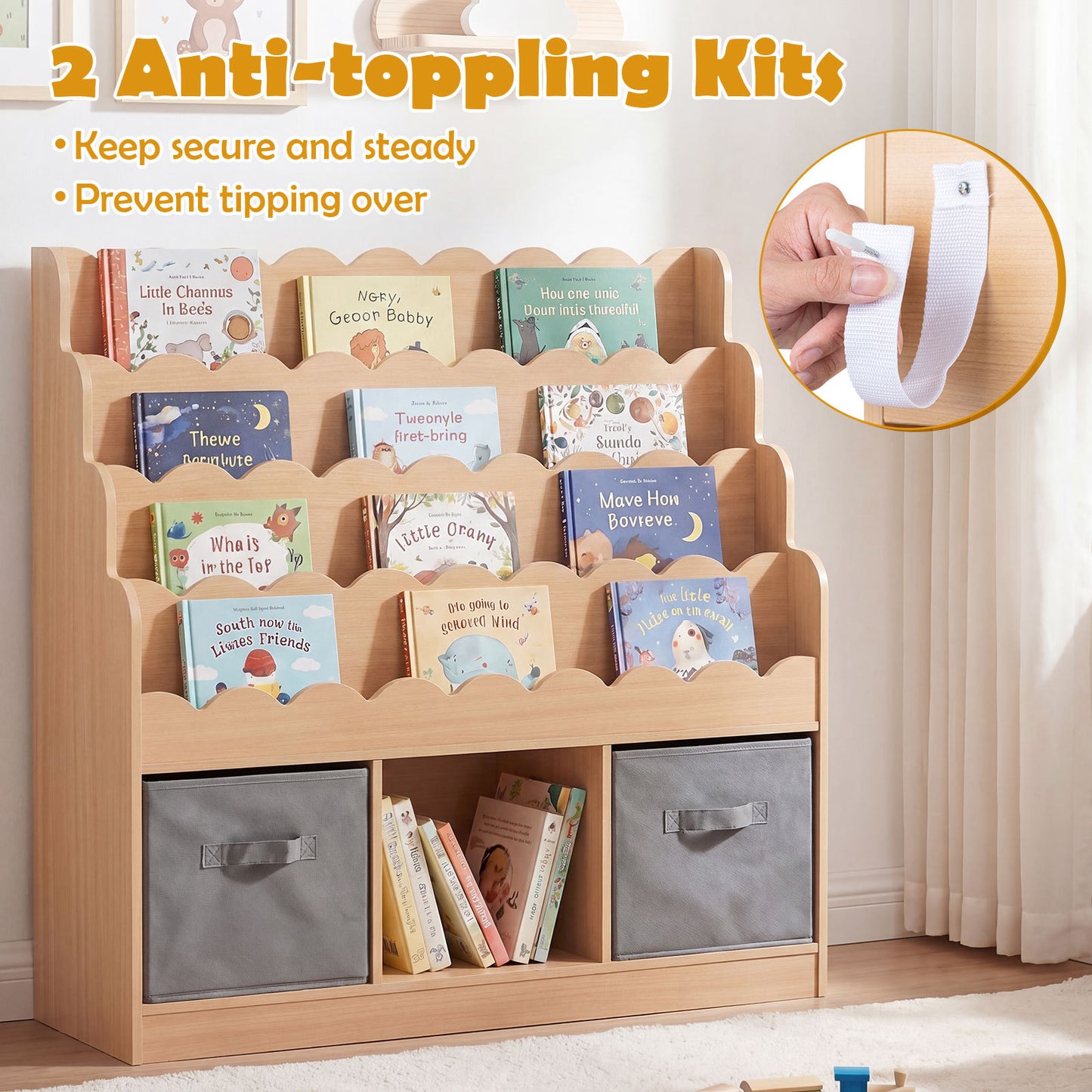 4-Tier Kids Bookshelf and Toy Storage with 2 Foldable Fabric Drawers-Natural