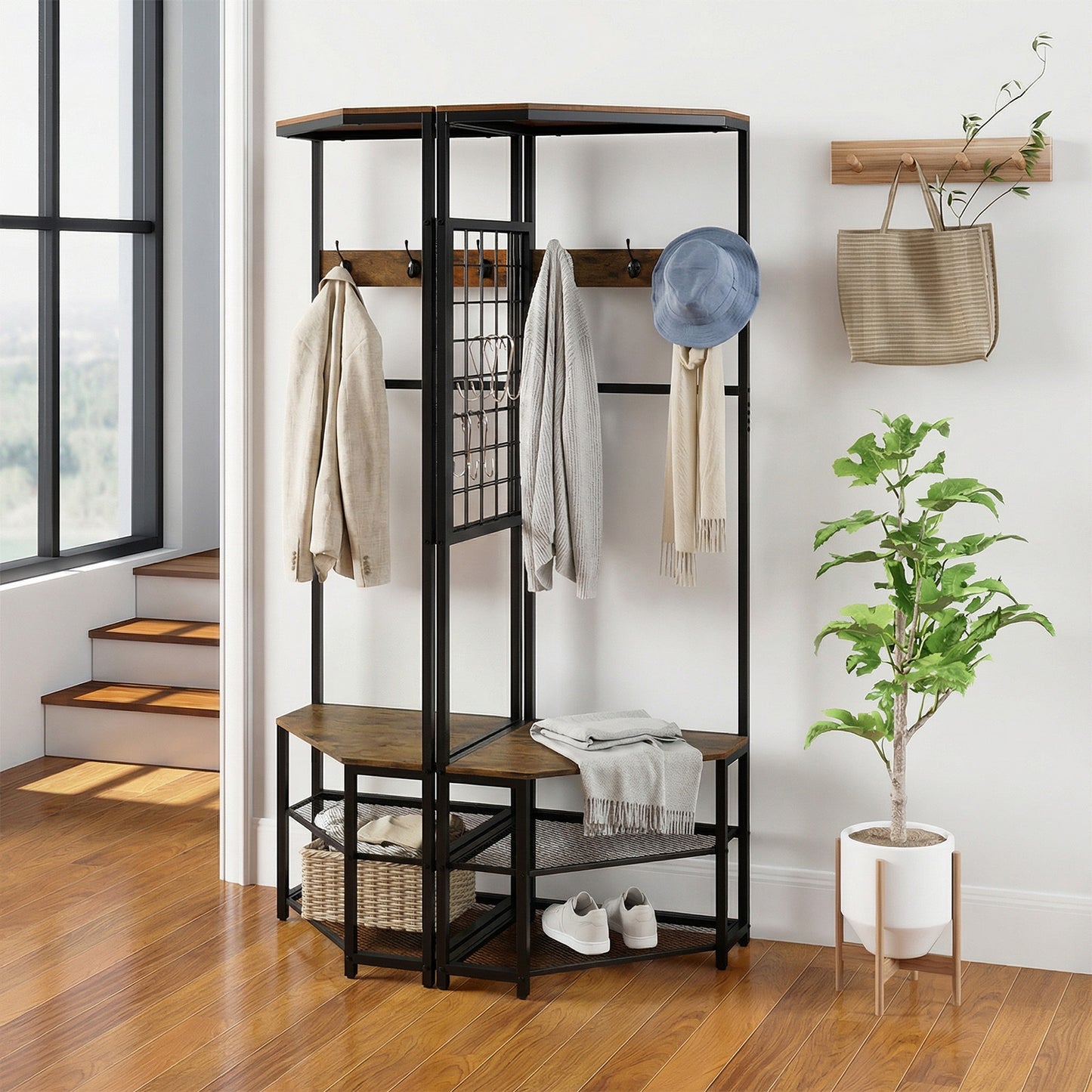 4-in-1 Freestanding Coat Rack with Storage Shelves Removable Hooks and Shoe Racks-Rustic Brown