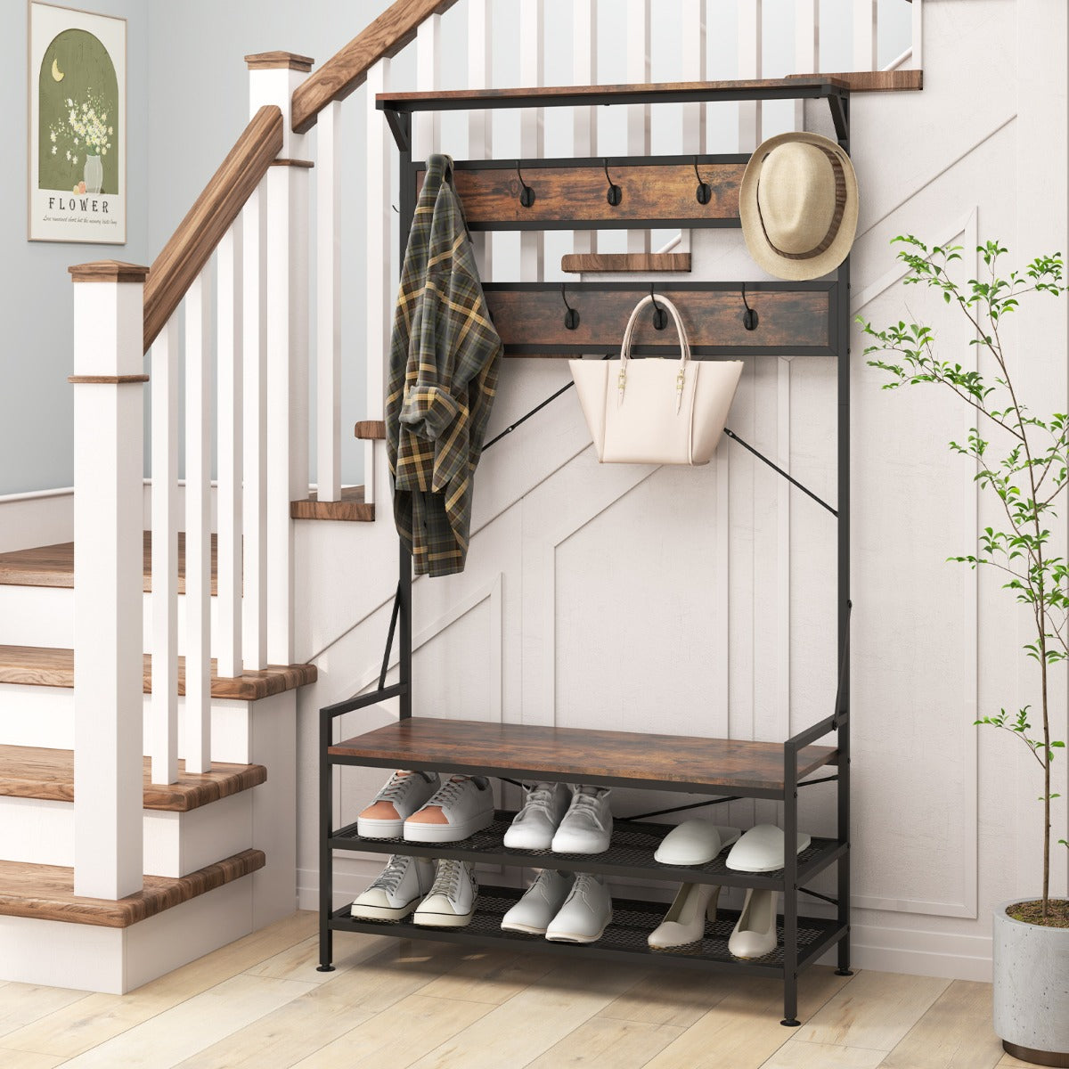 4-In-1 Coat Rack with 11 Hanging Hooks and Shoe Bench for Mudroom-Rustic Brown