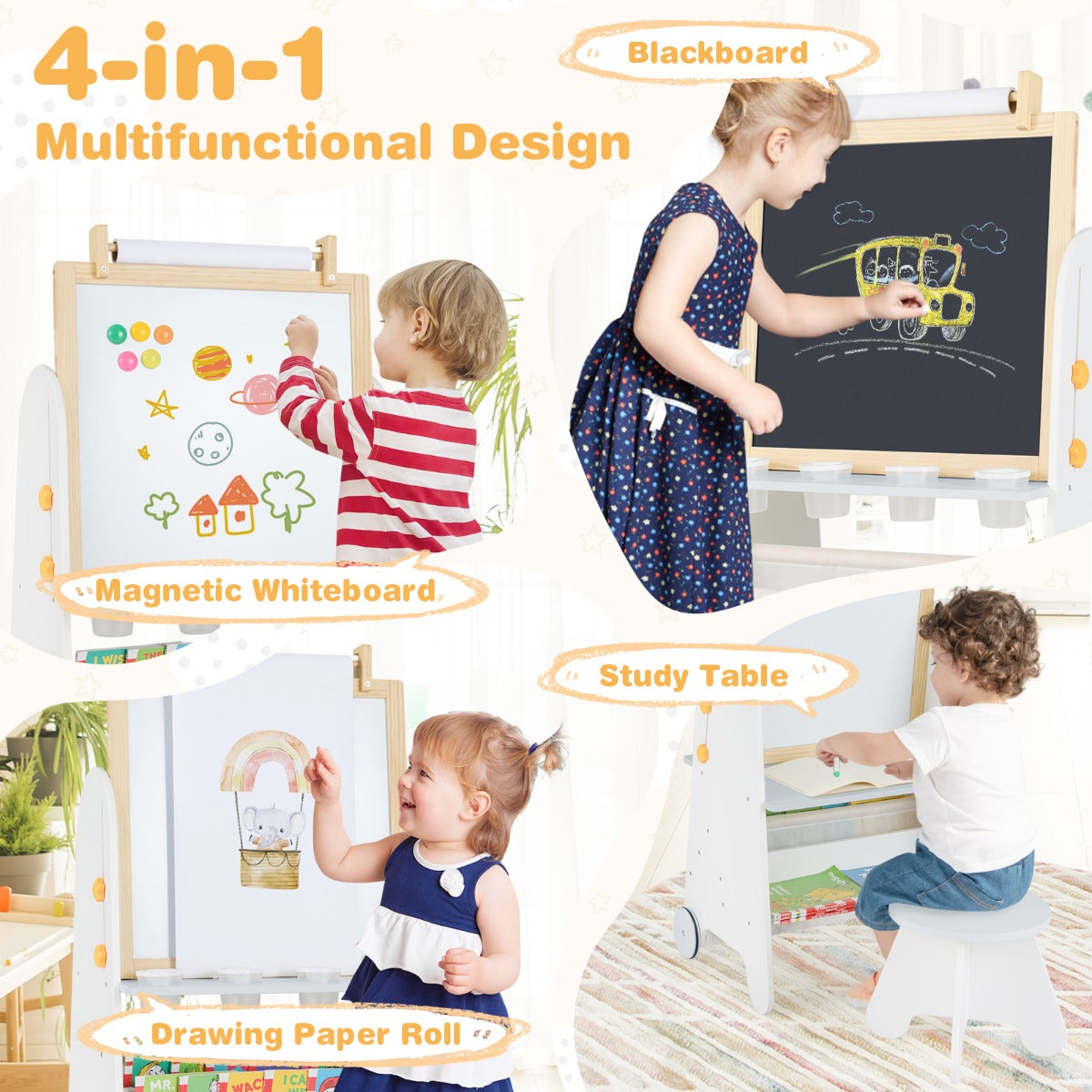4-in-1 Toddler Activity Table Set with Magnetic Whiteboard and Bookshelves-Grey