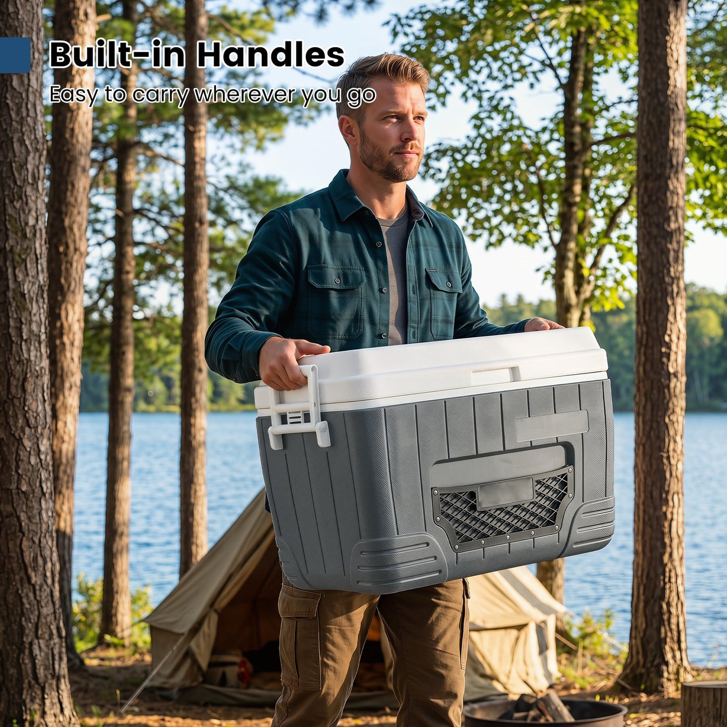 45 L Insulated Portable Cooler Hard Shell with 4 Cup Holders and Drain Plug-Grey