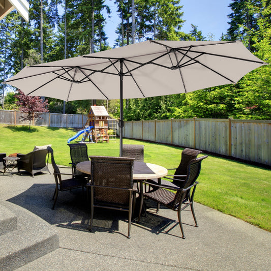 460 cm Twin Patio Umbrella with 48 LED Lights and Auto-Charging Solar Panel-Beige
