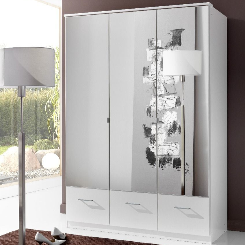 INAGU 3 Door 3 Drawer Mirrored Wardrobe White 135cm