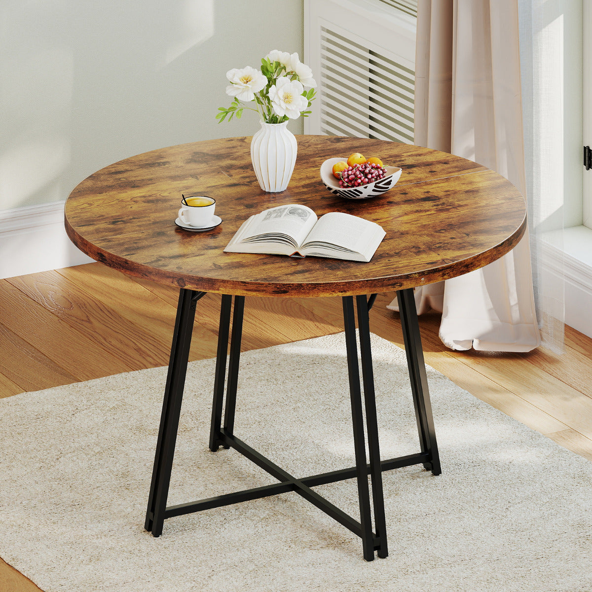 47 Inch Dining Table for 4-6 People Round Kitchen Table with 8 Metal Supporting Legs and Cross Base-Brown