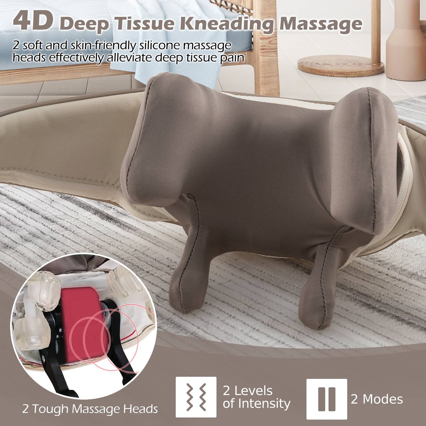 4D Deep Tissue Kneading Shiatsu Neck Shoulder Massager with 2 Heating Levels-Beige