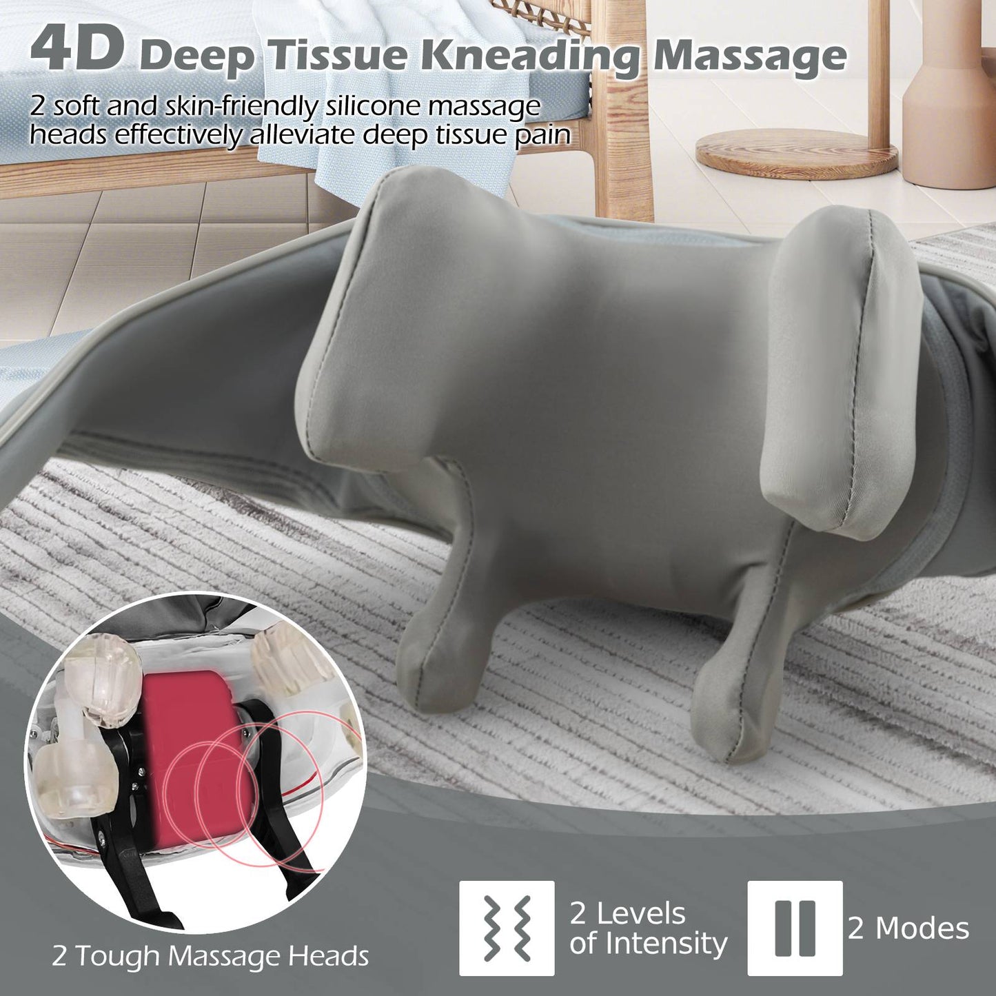 4D Deep Tissue Kneading Shiatsu Neck Shoulder Massager with 2 Heating Levels-Grey