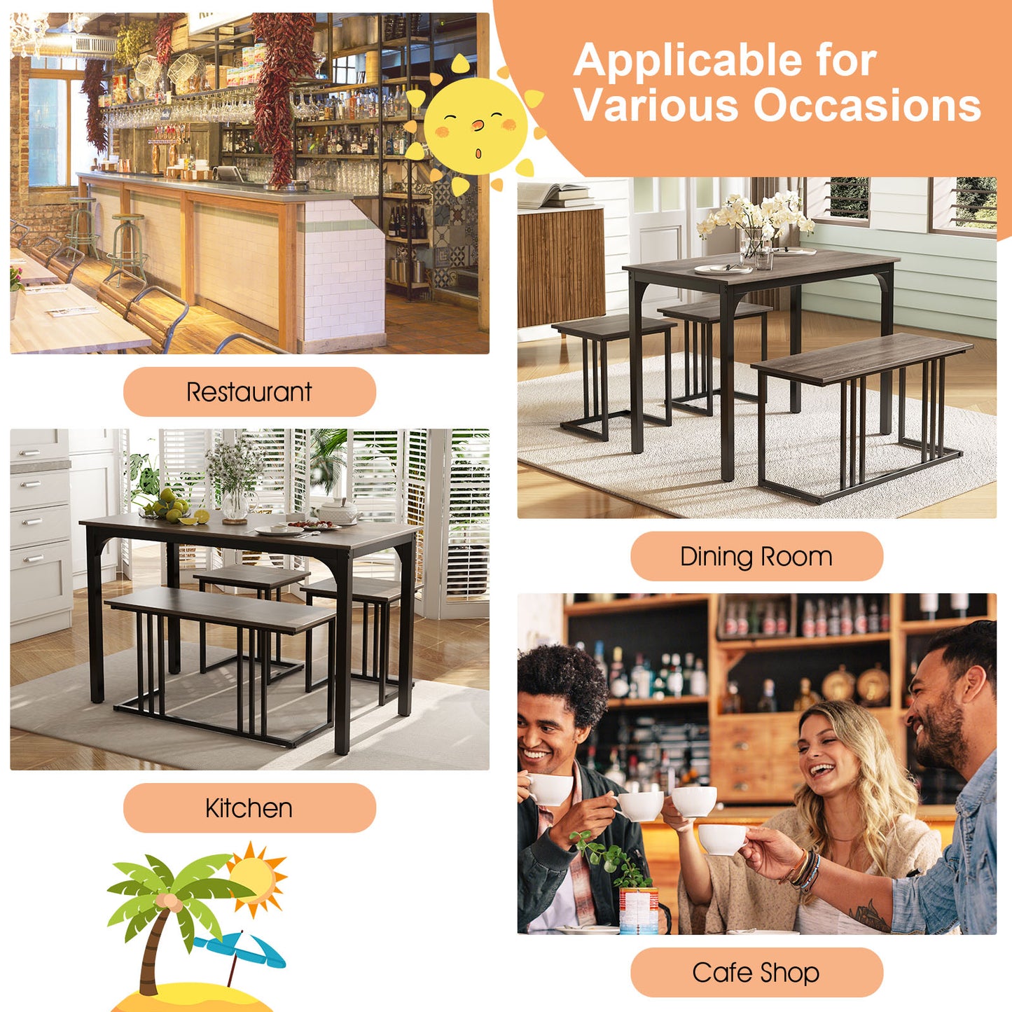 4-Piece Dining Table Set with Bench and 2 Stools for 4 Persons-Oak