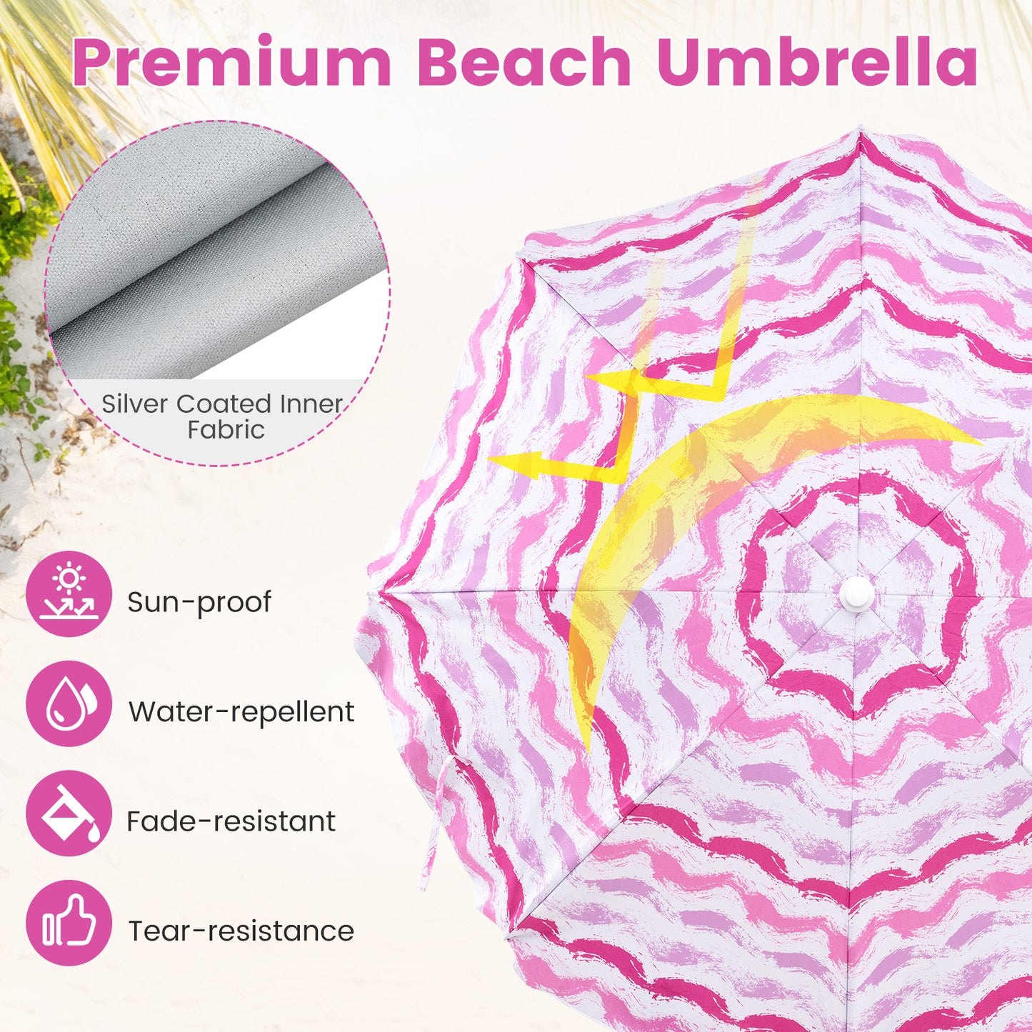 4 Pieces Beach Umbrella Set with 2 Foldable Chairs and Picnic Blanket-Pink