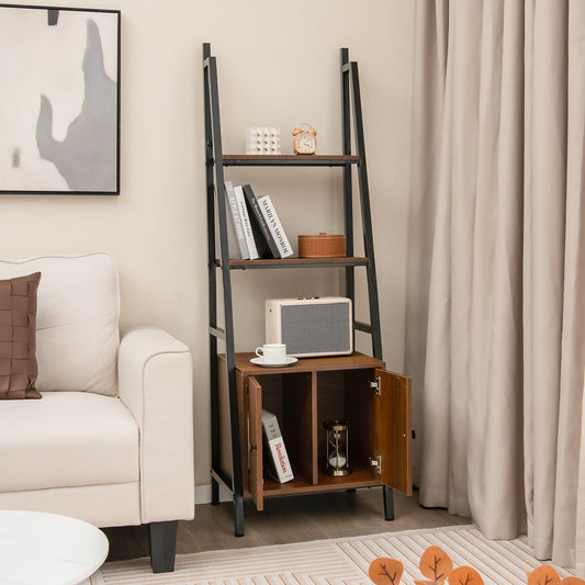 4-Tier Ladder Shelf with Cabinet Industrial Bookcase with Metal Frame-Rustic Brown