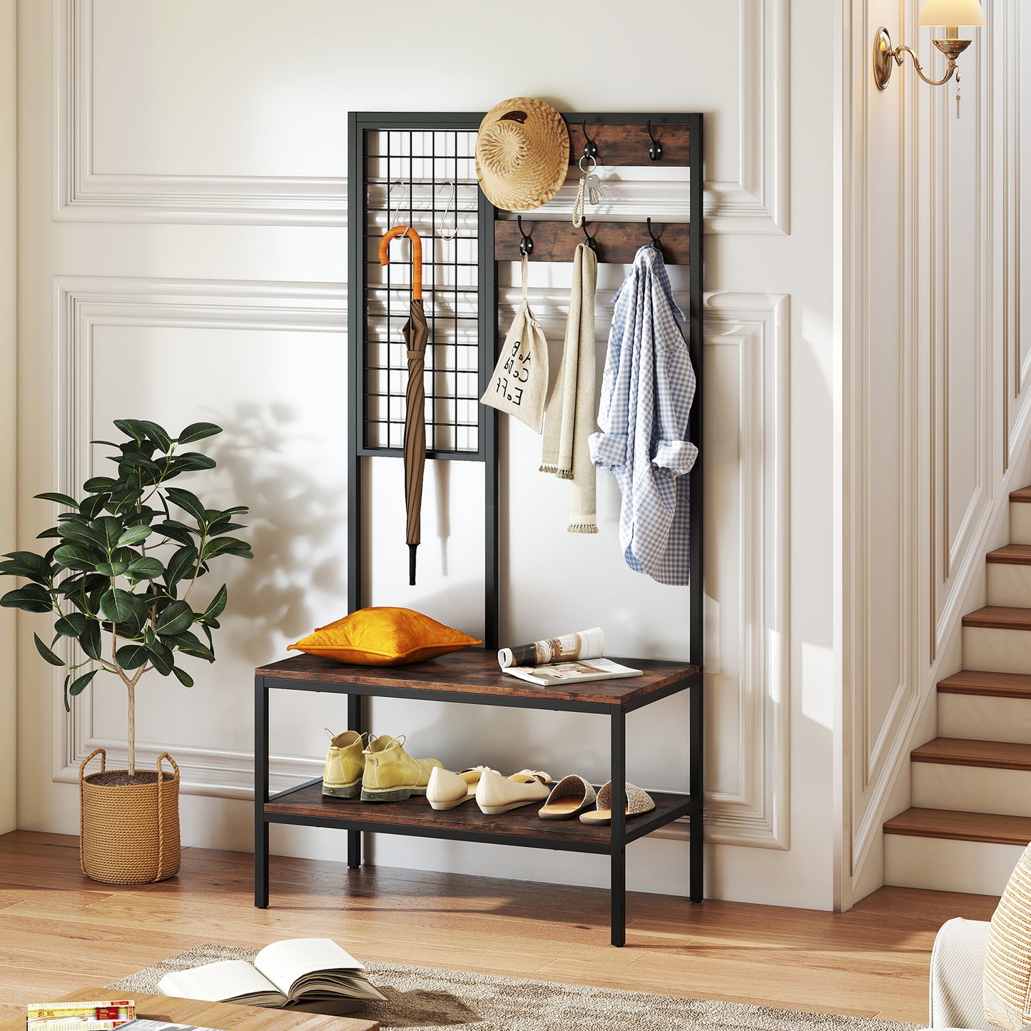 4 in 1 Hall Tree with Shoe Bench and 8 Hanging Hooks for Entryway