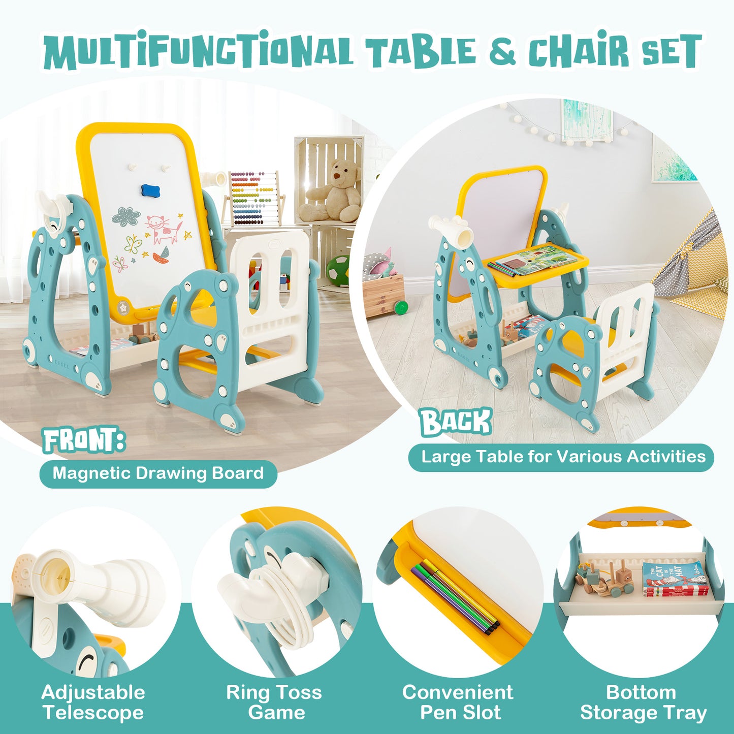4-in-1 Kids Drawing Table and Chair Set with Adjustable Whiteboard-Yellow & Blue