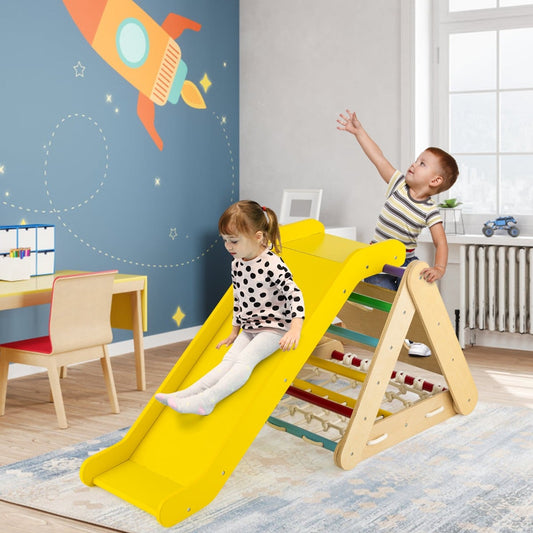 4 in 1 Toddler Wooden Triangle Climber with Ramp and Sliding Board-Multicolor