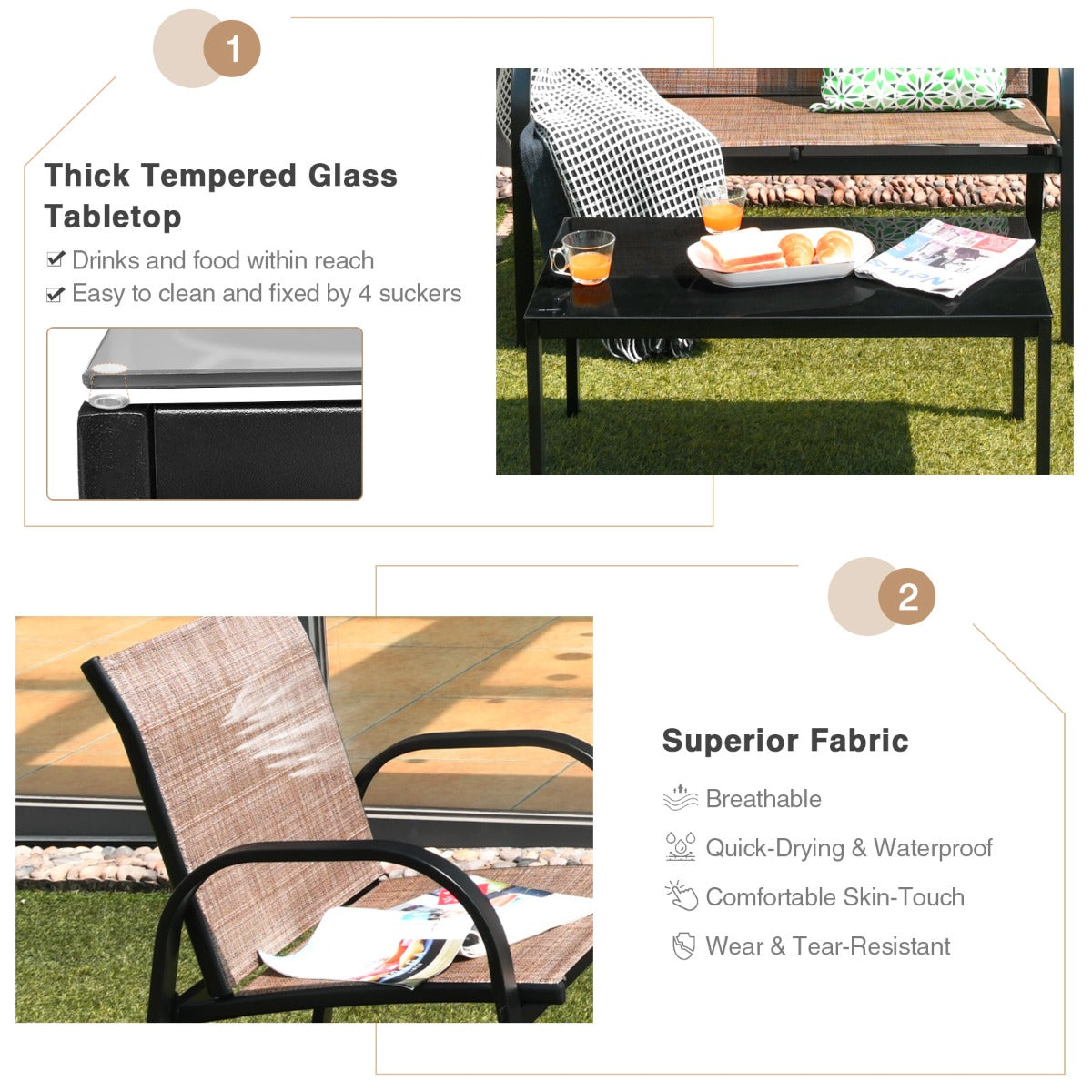 4 Piece Garden Furniture Set with loveseat for Patio Without Cushions-Brown
