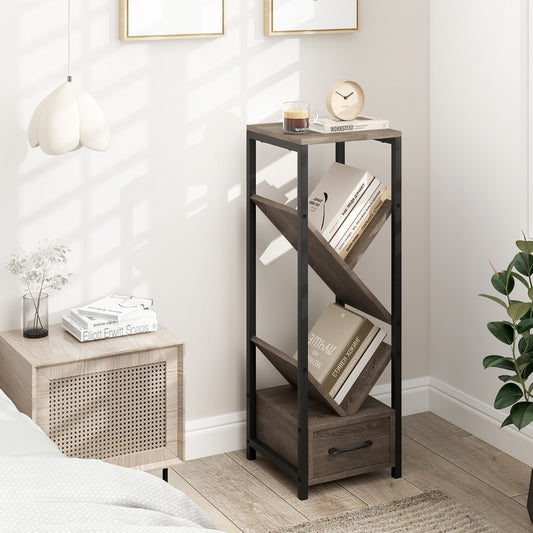 4 Tier Floor Standing Storage Organizer Tree Bookshelf with Drawer-Grey