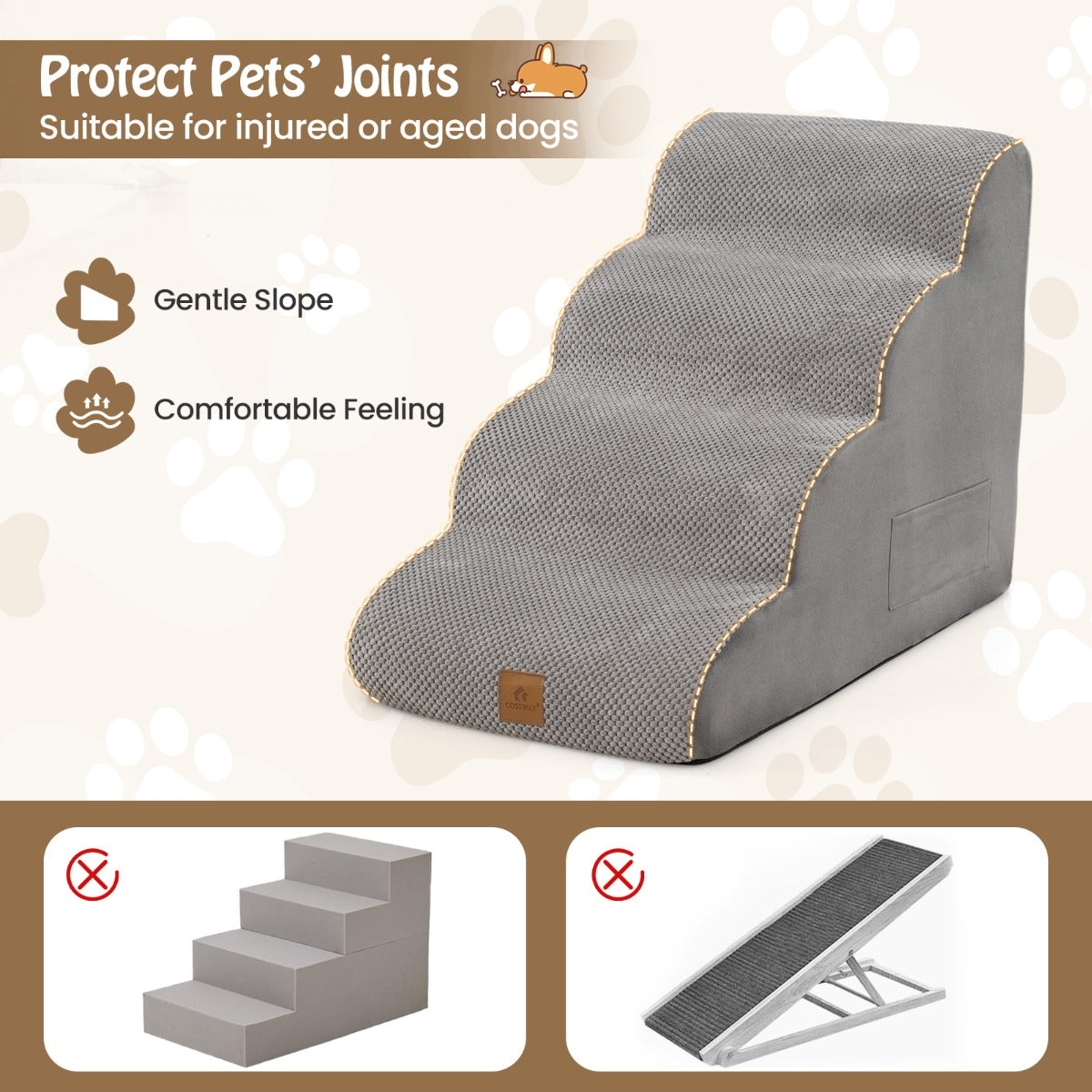 4-Tier Foam Dog Ramp with Washable Zippered Cover and Silicone Paw Prints-Grey