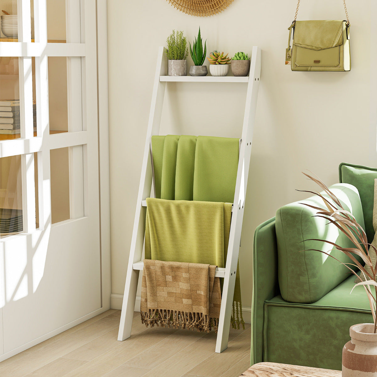 4-Tier Wooden Blanket Ladder 137 cm Wall Leaning Quilt Holder for Storage and Display-White