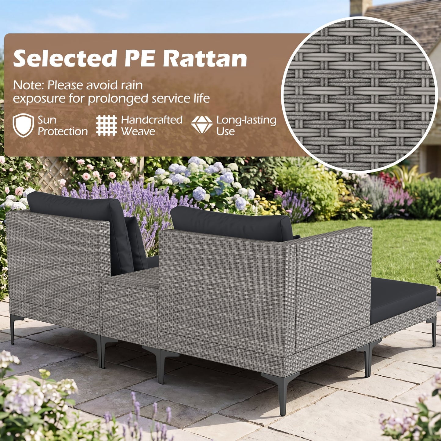 5-Piece Patio Conversation Set with 2 Armchairs 2 Ottomans and Side Table-Dark Grey