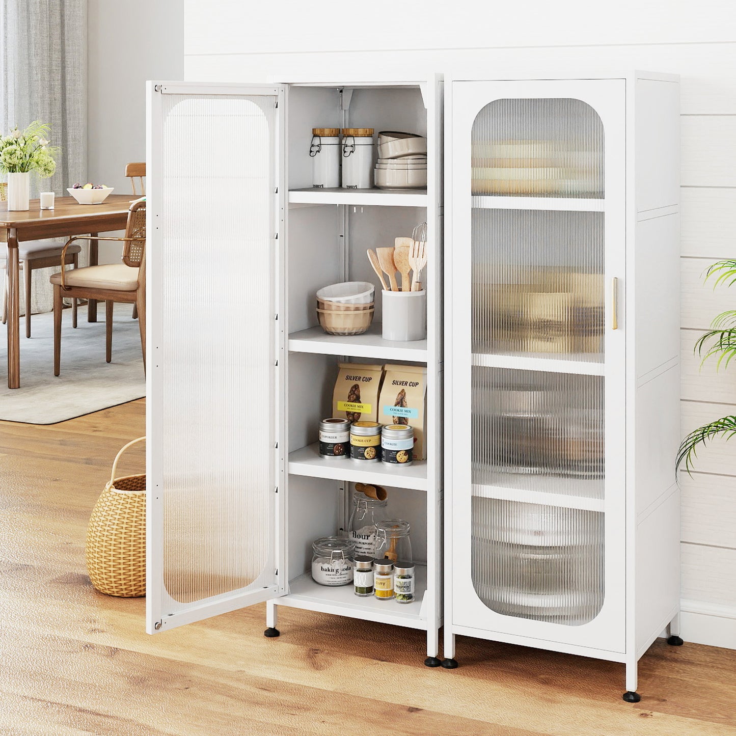 5-Tier Metal Storage Cabinet with Adjustable Shelves for Dining Room-White
