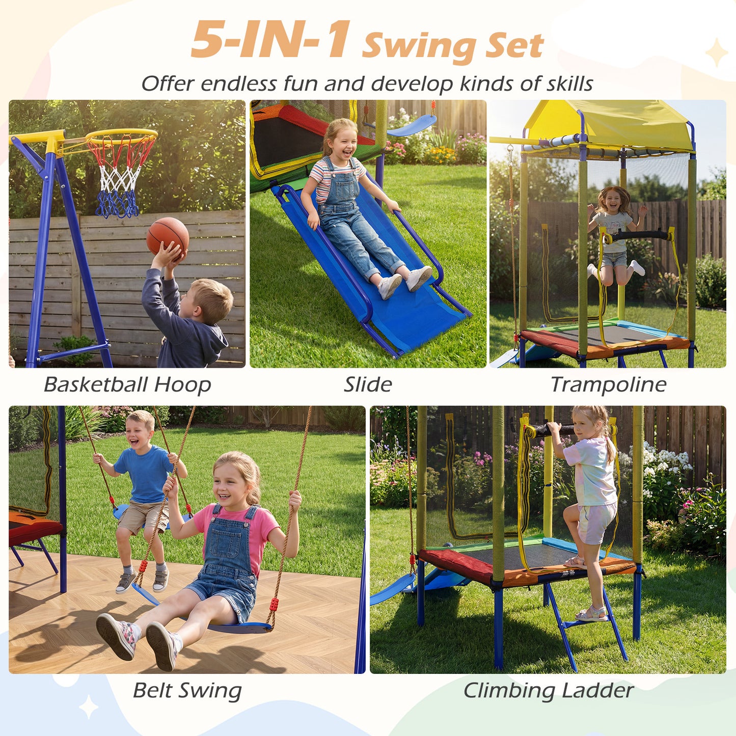 5-in-1 Kids Swing Set for Backyard Heavy-duty Metal Swing Stand with Trampoline-Yellow