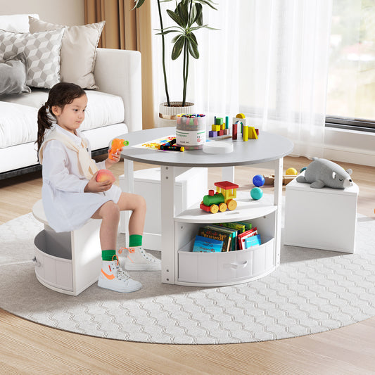 5 Piece Kids Table and Chair Set Round for 4 with 4 Fabric Drawers-Grey