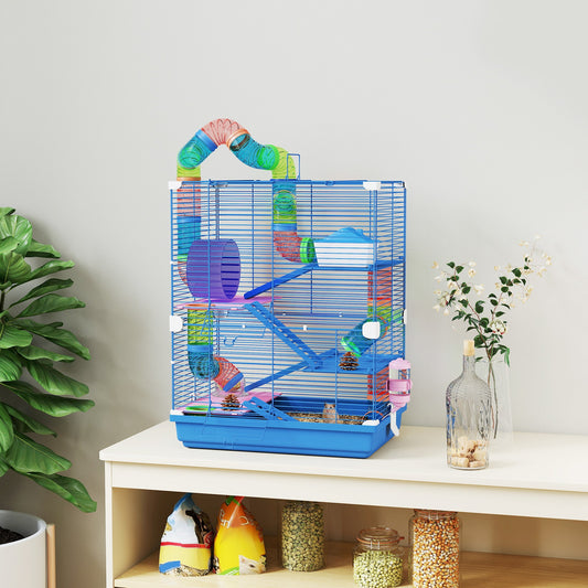 PawHut 5 Tier Hamster Cage Carrier Habitat w/ Exercise Wheels, Tunnel, Blue