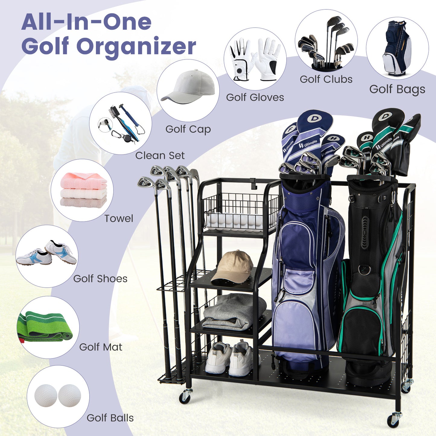 5-In-1 Golf Bag Storage Organizer with Storage Basket-Black