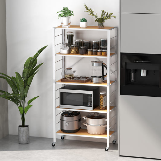 5-Tier Foldable Shelving Unit Metal Shelves with Detachable Wheels-Natural